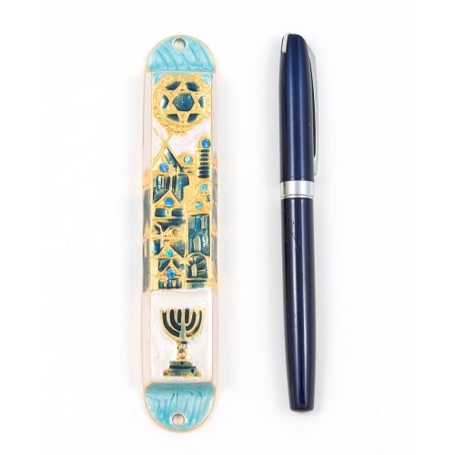 Rounded Mezuzah Case with Gleaming Judaic Symbols - Gold, Green and Off White