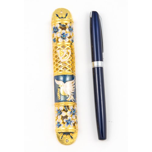 Rounded Mezuzah Case with Gleaming Peace Dove and Flowers - Gold and Turquoise