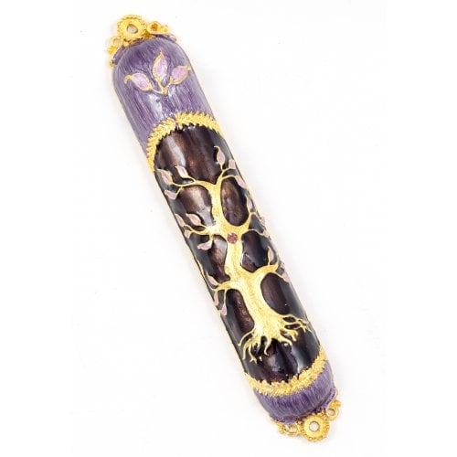 Rounded Mezuzah Case with Gleaming Tree of Life - Purple and Gold