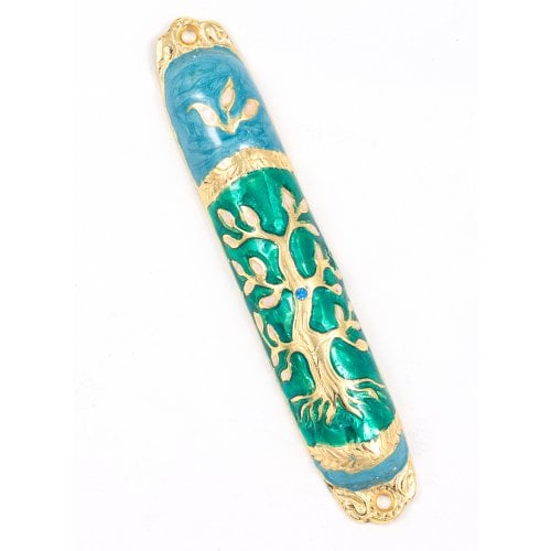 Rounded Mezuzah Case with Gleaming Tree of Life, Gold and Green - 5.3 Inches