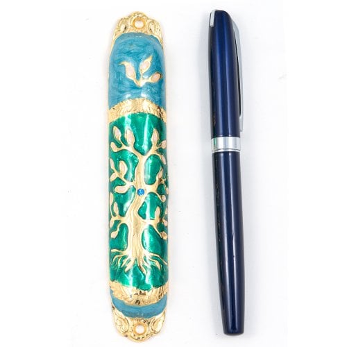 Rounded Mezuzah Case with Gleaming Tree of Life, Gold and Green - 5.3 Inches