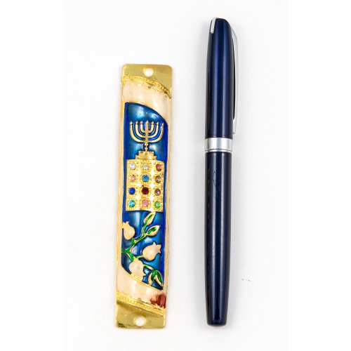 Rounded Mezuzah Case with Hoshen Breastplate and Menorah Design - Blue