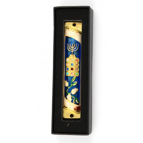 Rounded Mezuzah Case with Hoshen Breastplate and Menorah Design - Blue