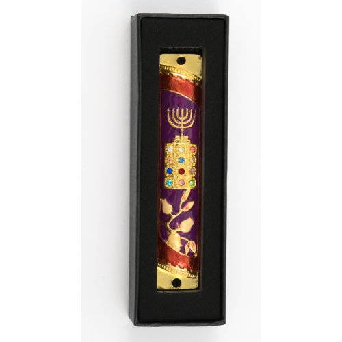 Rounded Mezuzah Case with Hoshen Breastplate and Menorah Design - Violet