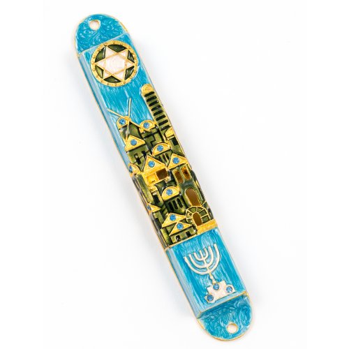 Rounded Mezuzah Case with Jerusalem Images, Menorah & Star of David - Blue Green