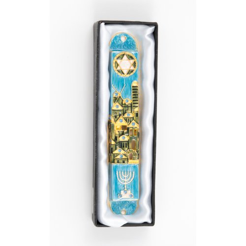 Rounded Mezuzah Case with Jerusalem Images, Menorah & Star of David - Blue Green