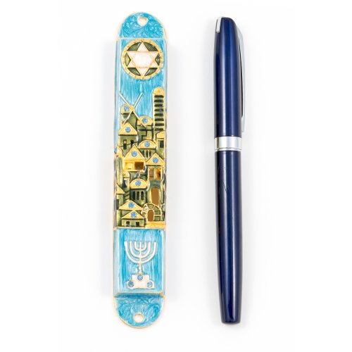 Rounded Mezuzah Case with Jerusalem Images, Menorah & Star of David - Blue Green