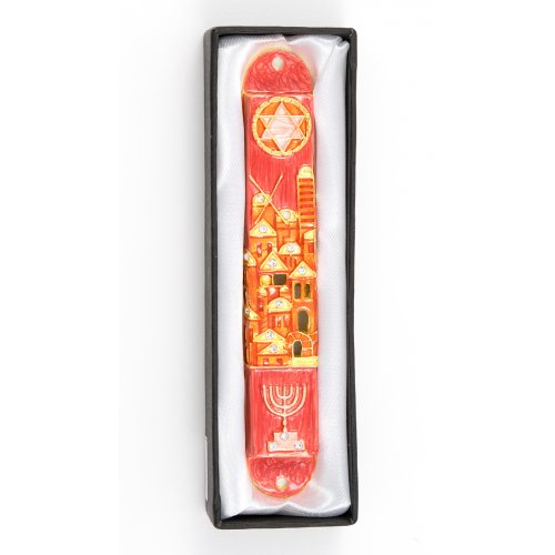 Rounded Mezuzah Case with Jerusalem, Menorah and Star of David - Gold and Red