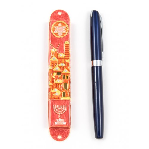 Rounded Mezuzah Case with Jerusalem, Menorah and Star of David - Gold and Red