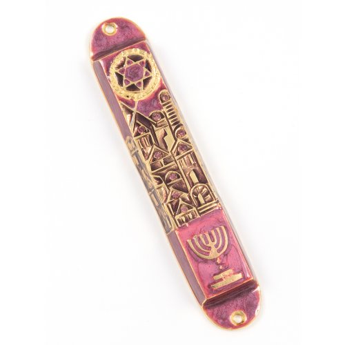 Rounded Mezuzah Case with Jerusalem, Menorah and Star of David - Purple