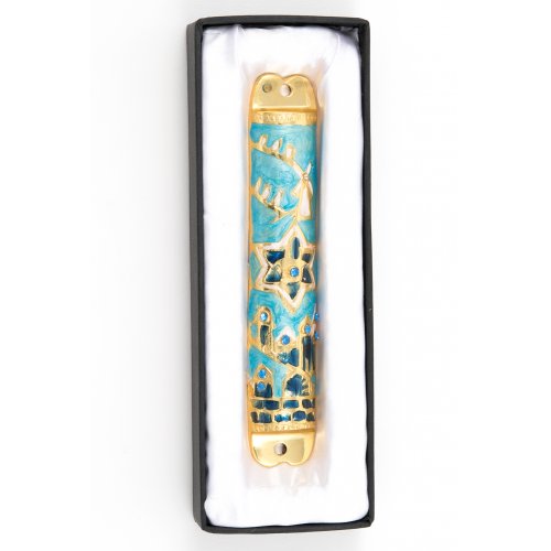 Rounded Mezuzah Case with Star of David and Jerusalem Design - Gold and Blue