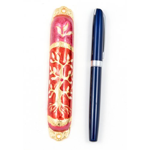 Rounded Mezuzah Case with Tree of Life - Gold, Red and Pink