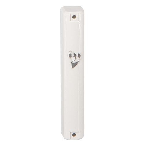 Rounded White Extra Large Plastic Mezuzah Case - Silver Shin