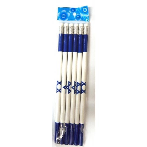 Set of Six Souvenir Wood Pencils, Blue and White Decorated with Star of David