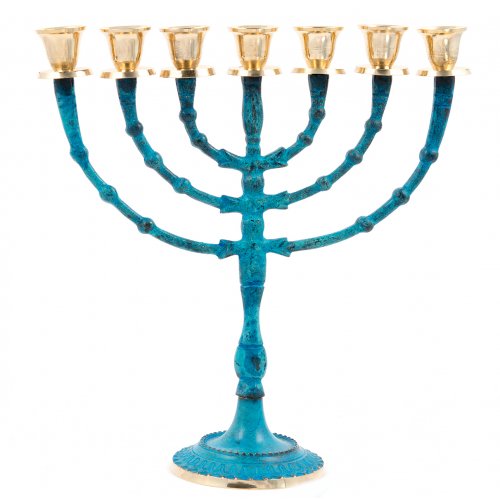 Seven Branch Blue Patina Menorah on Stem, Gold Candleholders  12