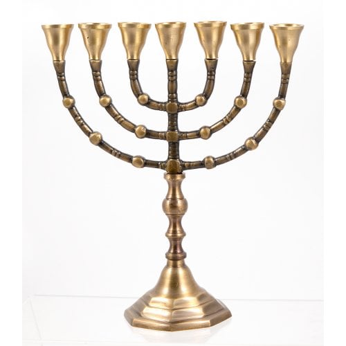 Seven Branch Menorah, Dark Gold Brass with Antique Look  Option 10