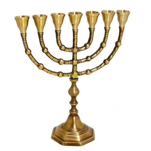 Seven Branch Menorah, Dark Gold Brass with Antique Look  Option 10