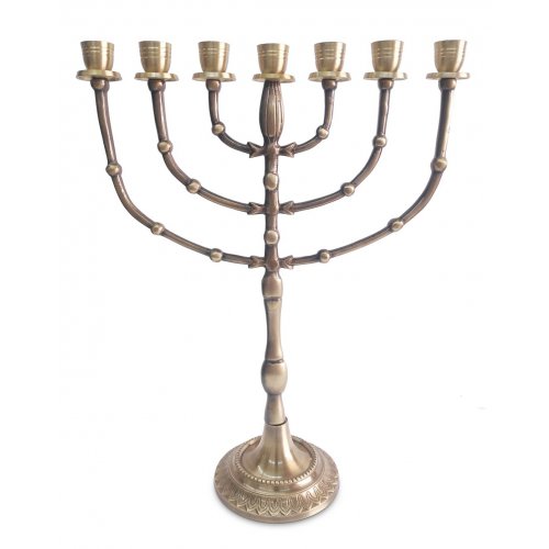 Seven Branch Menorah, Dark Gold Brass with Bead Decoration - 15