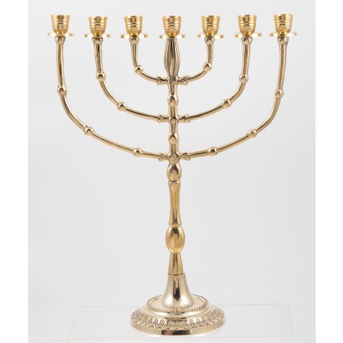 Seven Branch Menorah, Gleaming Gold Brass with Bead Decoration - 15