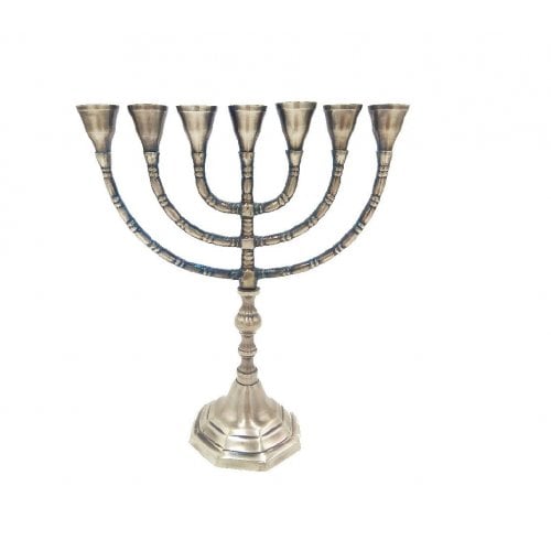 Seven Branch Menorah, Pewter Covered Brass with Decorative Branches - 10