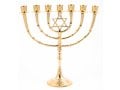 Seven Branch Menorah on Stem, Gold Colored Brass, Star of David - 11