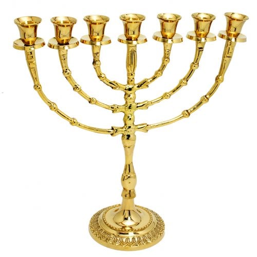 Seven Branch Menorah with Bead Design, Gleaming Gold Brass -12