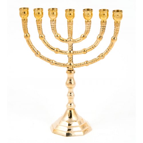 Seven Branch Menorah with Decorative Branches, Gleaming Gold Brass - 8