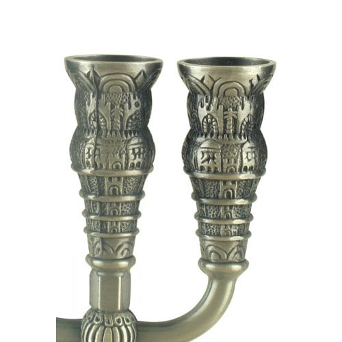 Seven Branch Menorah with Jerusalem Images, Pewter - Option 5.3