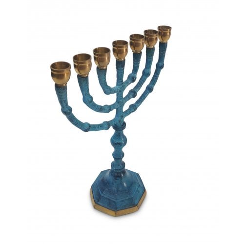 Seven Branch Patina Menorah, Decorative with Gold Candleholders  8 Inches