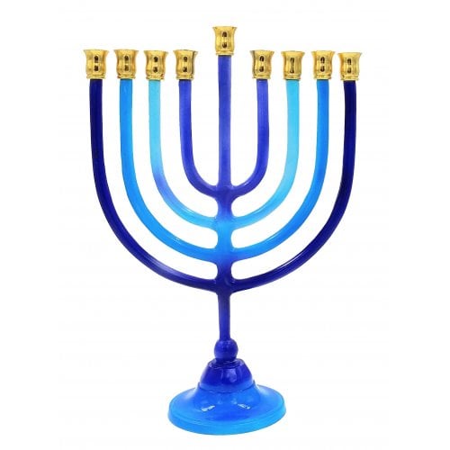 Shades of Blue Chanukah Menorah with Stem, Aluminum - For Candles