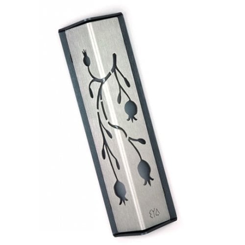 Shraga Landesman Angular Shiny Silver Aluminum Mezuzah Case - Pomegranate Motif