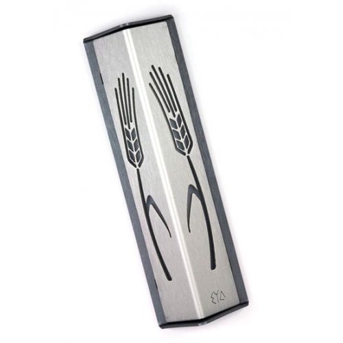 Shraga Landesman Angular Shiny Silver Aluminum Mezuzah Case - Wheat Motif