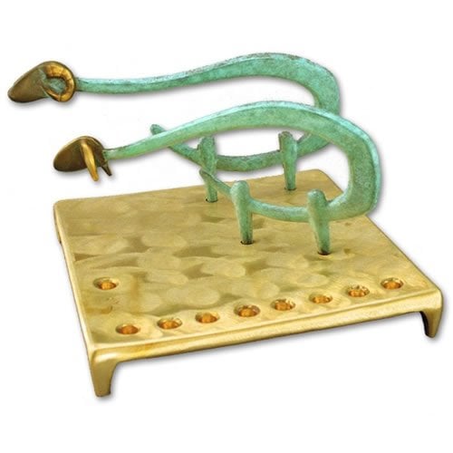 Shraga Landesman Brass Square Base Hanukkah Menorah - Sheep and Ram