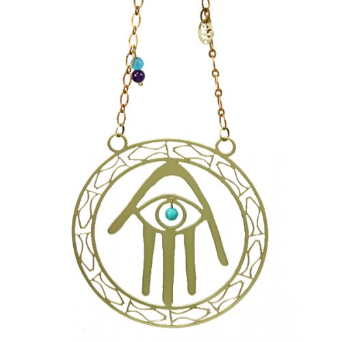 Shraga Landesman Brass Wall Hanging Hamsa Hand Blue Eye - Fish