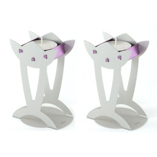 Shraga Landesman Flower Shaped Raised Candle Holders - Silver and Violet