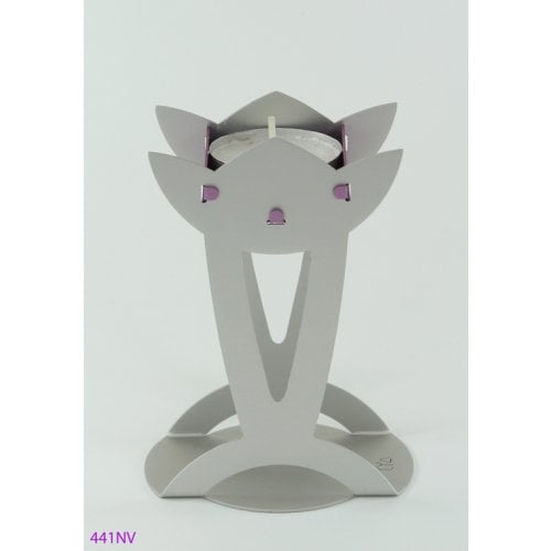 Shraga Landesman Flower Shaped Raised Candle Holders - Silver and Violet