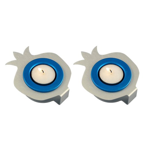 Shraga Landesman Pair Aluminum Pomegranate Candle Holders - Silver and Blue