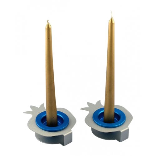 Shraga Landesman Pair Aluminum Pomegranate Candle Holders - Silver and Blue