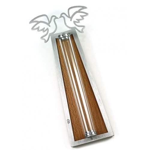 Shraga Landesman Peace Doves Mezuzah Case Silver and Shaded - Aluminum, Lucite