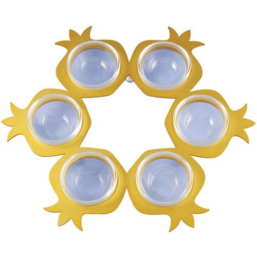 Shraga Landesman Seder Plate Gold Round Pomegranate Shapes - Aluminum and Glass