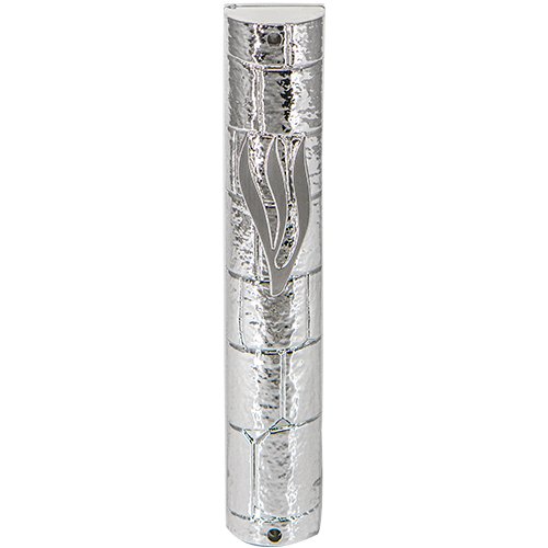 Silver Color Plastic Mezuzah Case with Western Wall Design and Silver Shin