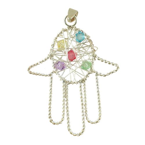 Silver Hamsa Pendant with multicolor stones