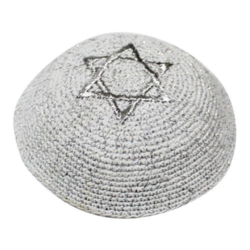 Silver Knitted Kippah with Silver Star of David