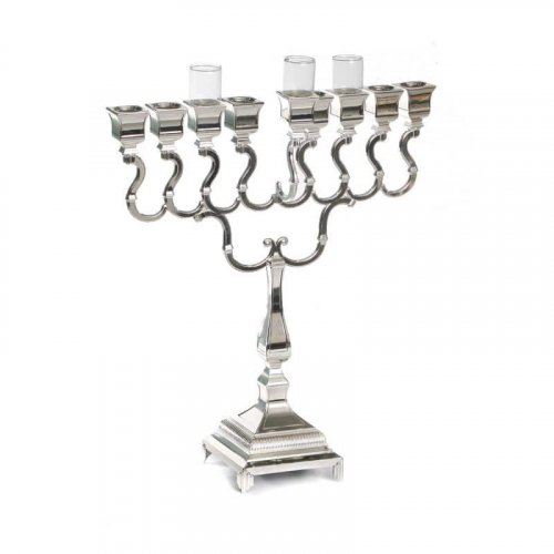 Silver Plated Chanukah Menorah, Swirls with Classic Square Design - 14.9 Height