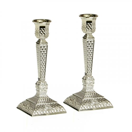 Silver Plated Diamond Design Shabbat Candlesticks - 7.4