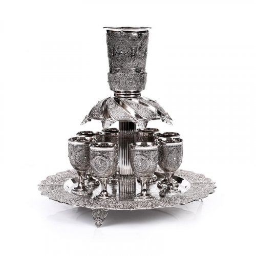 Silver Plated Kiddush Fountain with 8 Small Cups - Filigree Design