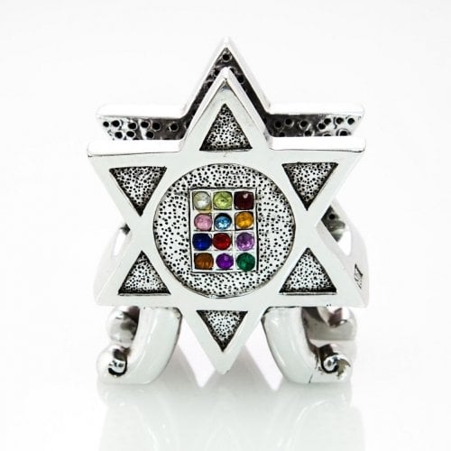 Silver Plated Napkin Holder with Colored Stones - Star of David, Choshen