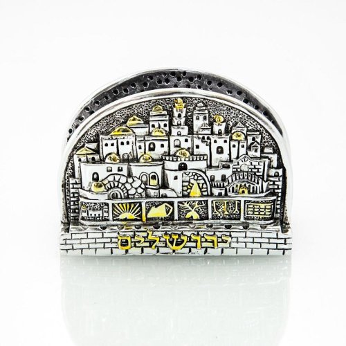 Silver Plated with Gold Accents Business Card Holder - Jerusalem, Twelve Tribes