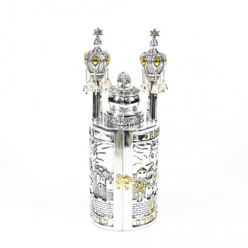 Silver Plated with Gold Accents Cylinder Torah Case with Scroll Replica - Large