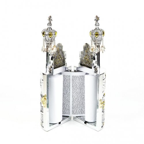 Silver Plated with Gold Accents Cylinder Torah Case with Scroll Replica - Large